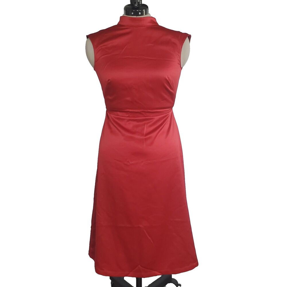 Ann Taylor Women’s Dress 0P Red Satin Midi Sheath Mock Neck Sleeveless - Picture 2 of 8